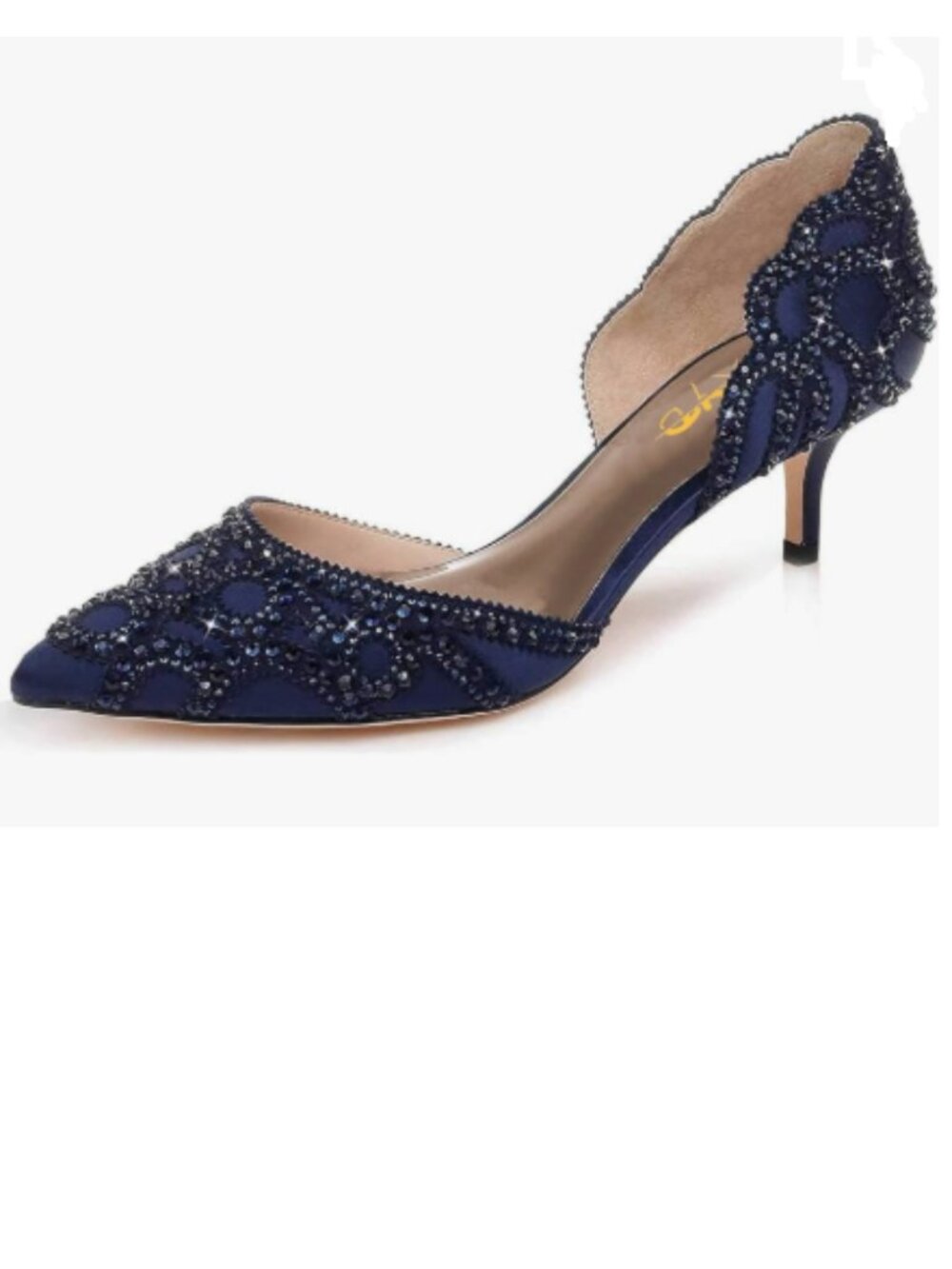 XYD Navy Pointed Toe D'Orsay Kitten Heel Rhinestone Studs Pumps